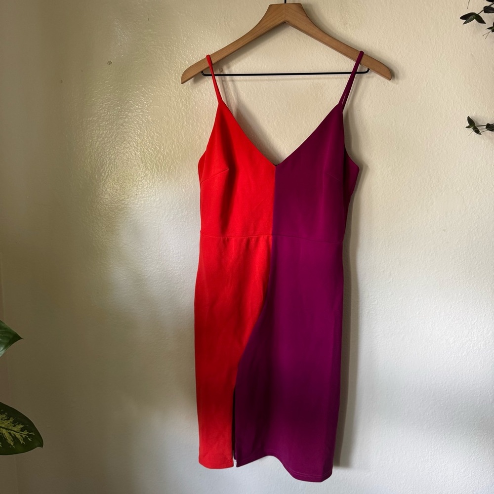 Lulus | Perfect Duo Coral Red and Purple Color Block Bodycon Mini Dress - Picture 2 of 7